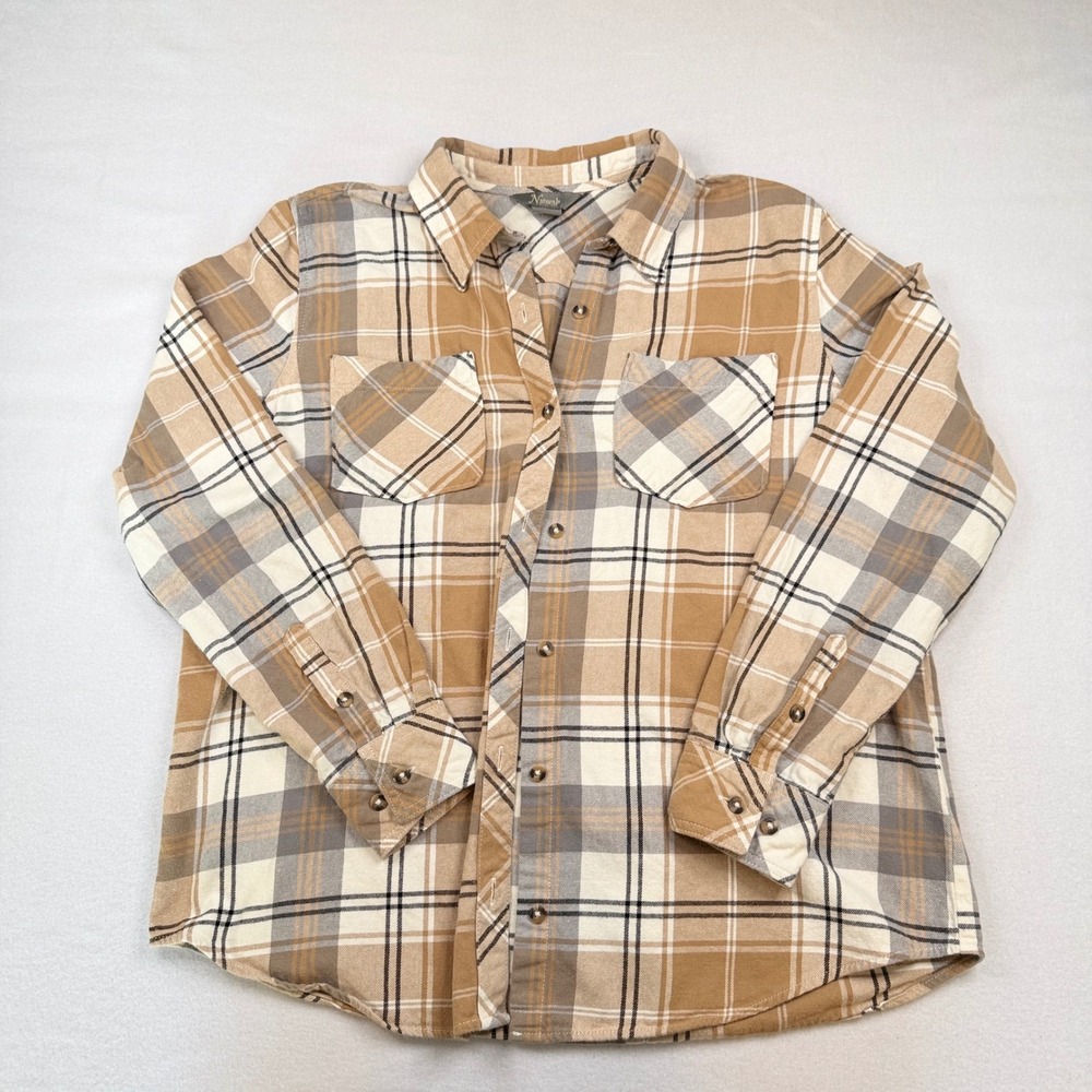Natural Reflections Womens Tan Plaid Flannel Button Down Shirt Size L Cotton